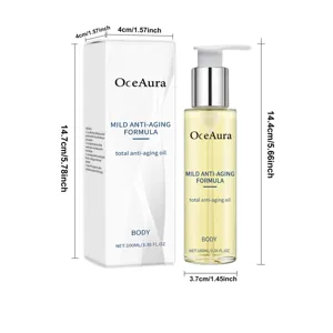 OceAura anti-aging body oil detail view, 100ml pump bottle with box showing product dimensions.