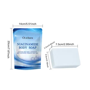 Niacinamide body soap detail with dimensions showing soap bar and packaging pouch.