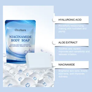Detailed view of niacinamide body soap with transparent bubble background and ingredients list.