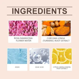 Detailed ingredient infographic showing rose water, turmeric root extract, aqua, and kojic acid.
