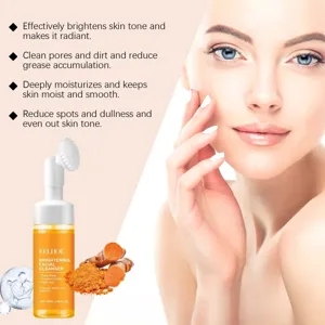 Turmeric facial cleanser bottle and rich foaming texture detail for daily skin brightening care.