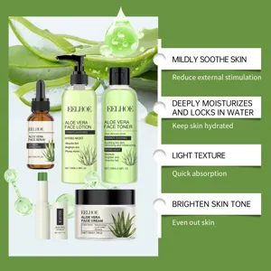 Eelhoe aloe vera skincare set detail showing serum, lotion, toner, cream and lip balm.