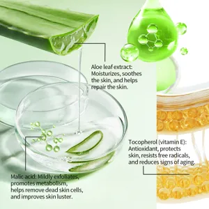 Graphique de détail de soin de la peau à l'aloe vera et vitamine E montrant des bienfaits.