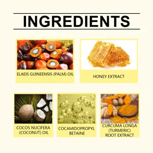 Détail des ingrédients de savon naturel avec huile de palme, miel, coco et curcuma.