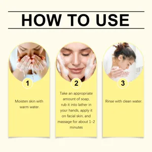 Graphique de détail de savon facial montrant les instructions étape par étape de nettoyage.