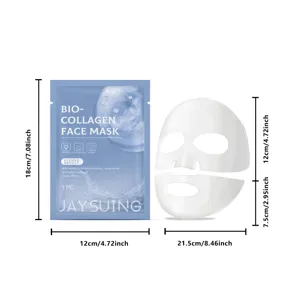 Detail view of Jaysuing bio-collagen face mask packet and hydrogel sheet with clear size guide.