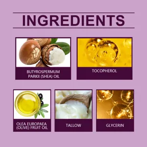 Detail view showing natural ingredients like shea oil, olive oil and tallow for skin moisture.