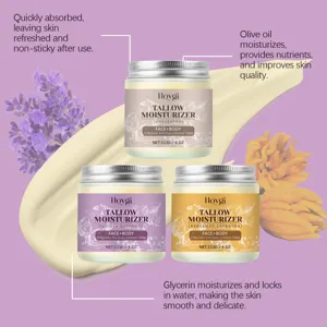 Close-up detail of organic grass-fed tallow face and body moisturizer showing rich cream texture.
