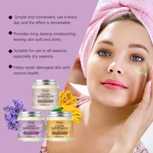 Detailed view of rich tallow moisturizer jar showcasing smooth texture and natural botanical extracts.