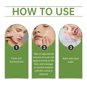 Step-by-step instructions graphic showing how to use facial exfoliating scrub properly.