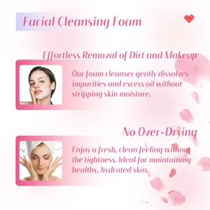 Banner dettagliato che mostra i benefici della schiuma detergente viso delicata e idratazione.