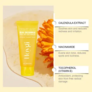 Masque peel-off au calendula Hoygi vue détaillée montrant les ingrédients et leurs bienfaits.