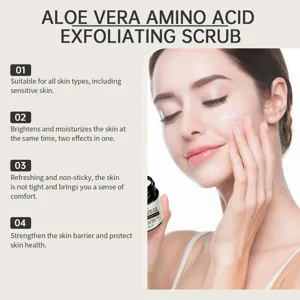 Aloe vera amino acid exfoliating scrub detail showing skin benefits and smooth texture.