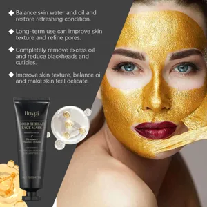 Détail en gros plan du tube de masque facial peel-off en or 24K et présentation du modèle de peau.