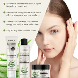 Vue détaillée du gel exfoliant, toner et gommage à l'aloe vera EELHOE pour les soins de peau.