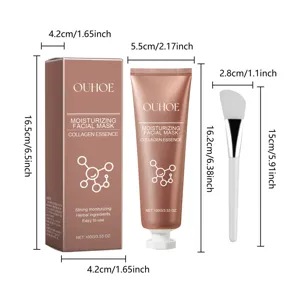 Vue détaillée des dimensions du tube de masque facial au collagène OUHOE, de la boîte et du pinceau.