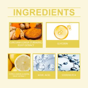 Infografía detallada que muestra ingredientes activos para la piel como cúrcuma y ácido kójico.