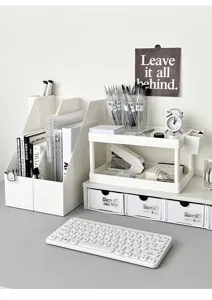 Desktop file organizer storage box set, minimalist white office supply shelf for school dorm.