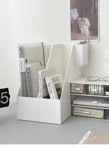 Detailed view of white desktop file organizer and storage drawers, minimalist Japanese style.