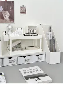 Detailed view of white desktop organizer, Japanese style file holder and storage box for desk.