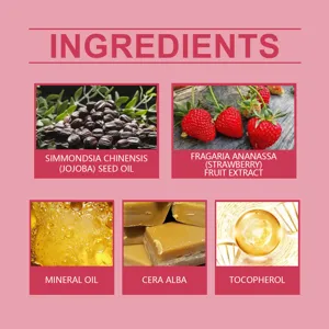 Infografia de ingredientes de mascarilla labial hidratante EELHOE con aceite de jojoba y fresa.