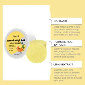 Close-up detail of turmeric and kojic acid face cleansing pad jar and textured yellow pads.