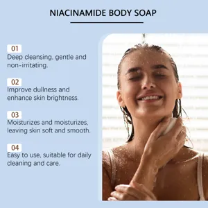 Niacinamide body soap detail showing deep cleansing, gentle moisturizing and skin brightening.