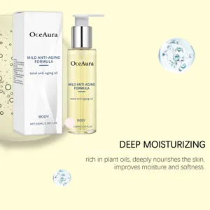 Detail closeup of OceAura mild anti-aging body oil bottle and box, 100ml skincare essence.