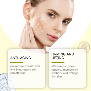 Detailed shot showing facial skin anti-aging benefits, firming and lifting care effects.