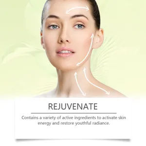 Facial skin care oil detail view, massage direction arrows showing lifting and firming steps.