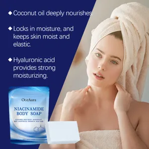 Detail view of Niacinamide body soap with coconut oil and hyaluronic acid for hydration.