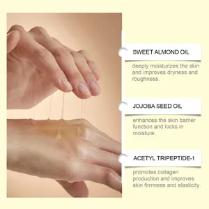 Skincare oil texture detail showing nourishing sweet almond and jojoba seed oil on hands.