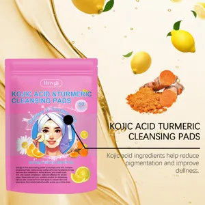 Close up detail of kojic acid turmeric cleansing pads with natural ingredients for bright skin.