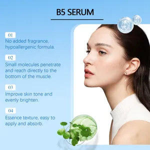 Dettaglio del siero B5 che mostra applicazione viso, ingredienti e benefici chiave.