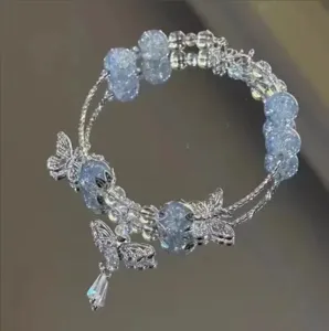 New Chinese style multi-layer bracelet with blue cracked beads and cute silver butterfly charms.
