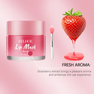 Detalle de mascarilla labial con extracto de fresa y pincel aplicador de silicona suave.