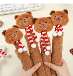 Cute plush bear gel pen with red and white scarf, fluffy creative stationery gift for kids.