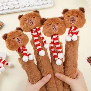 Cute plush bear gel pen with lovely scarf decoration, fluffy jumbo writing pen for students gifts.
