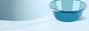 Blue transparent plastic wash basin detail, durable thick household laundry and storage tub.