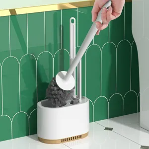 Toilet brush set with holder for bathroom cleaning, white and brown design tool.