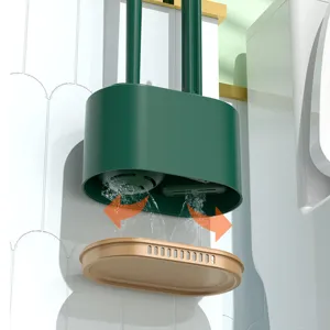 Wall-mounted toilet brush holder set with drainage tray, green bathroom cleaning tool organizer.