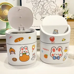Mini Papelera de Escritorio Lindo Dibujos Animados Plástico Cubo de Almacenamiento con Tapa de Presión