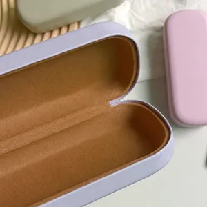 Cream purple PU leather glasses case with soft velvet lining, portable minimalist design.
