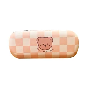Portable cute cartoon checkered glasses case, hard shell anti-pressure storage box for students.