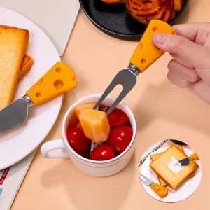Cute cheese handle stainless steel fruit fork butter knife set for creative western table.