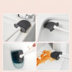 Wall-mounted silicone toilet brush set with flat head for deep cleaning bathroom toilets.