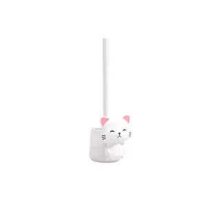 Cute white cat toilet brush set with holder, wall-mounted bathroom cleaning tool and organizer.