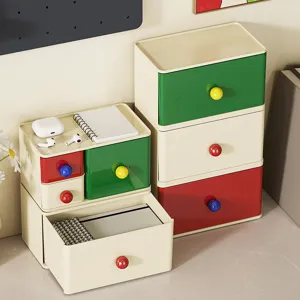 Stackable desktop storage drawers with colorful knobs, plastic cosmetic and stationery organizer