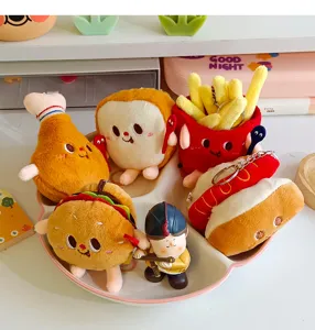 Cute plush food keychain set featuring burger, fries, and hotdog for backpack and keys.