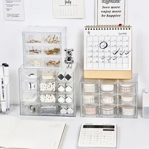 Boîte de rangement de bureau en plastique transparent avec tiroirs pour papeterie.
